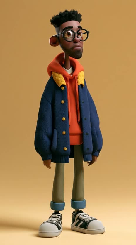 An animated kid with glasses in an oversized navy jacket