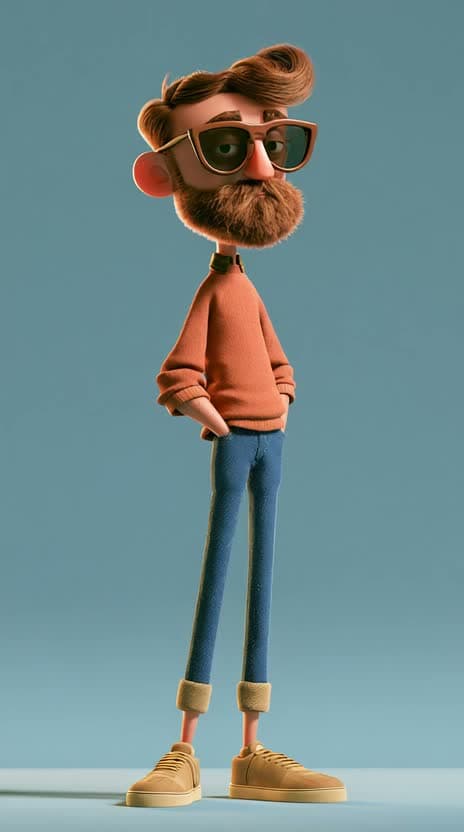 A red-bearded character in sunglasses and a rust sweater