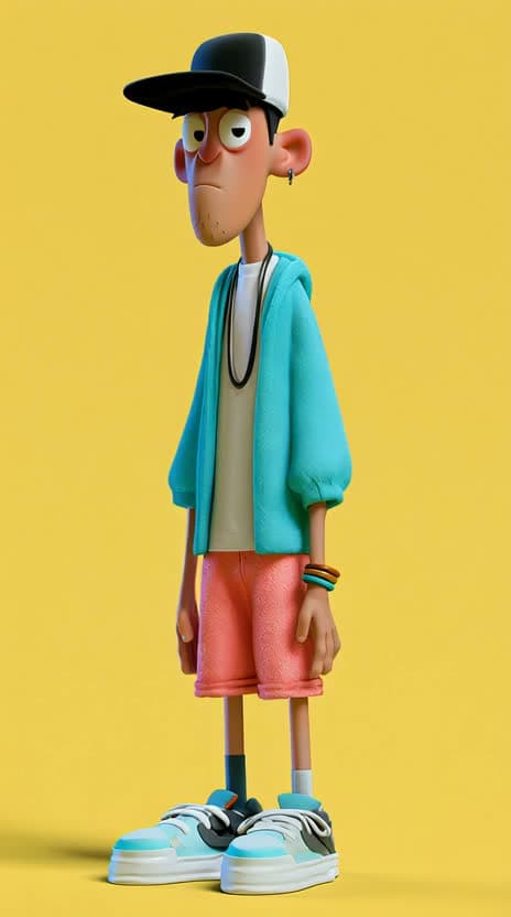 A lanky character in a cap, mint jacket and pink shorts