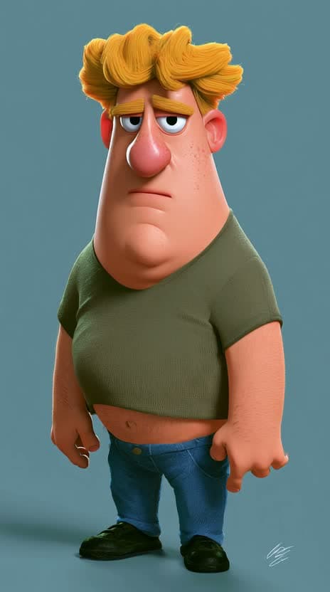 A heavy-set blond character in an olive tee looking unimpressed
