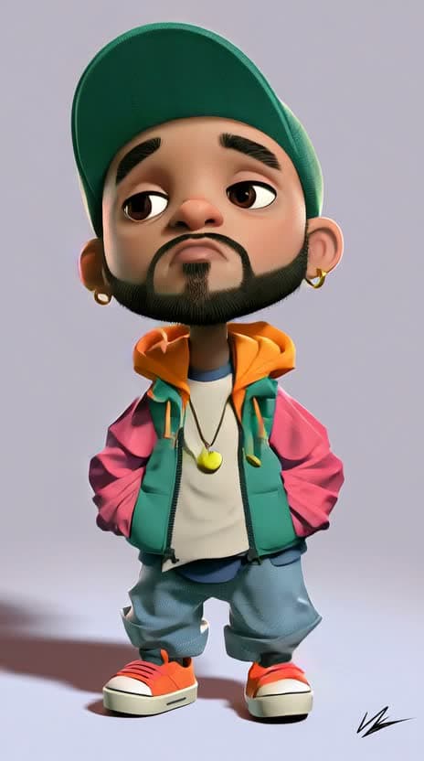 The same green-capped character in a generated scene frame