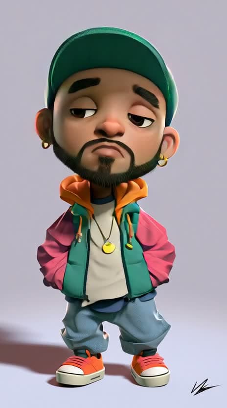 The same green-capped character in a generated scene frame