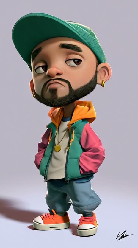 The same green-capped character in a generated scene frame