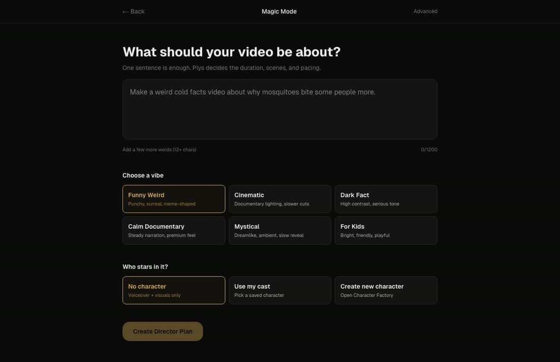 The create flow — describe the video and choose who stars in it